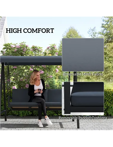 Outsunny Three-Seat Garden Swing Chair, with Adjustable Canopy - Dark Grey