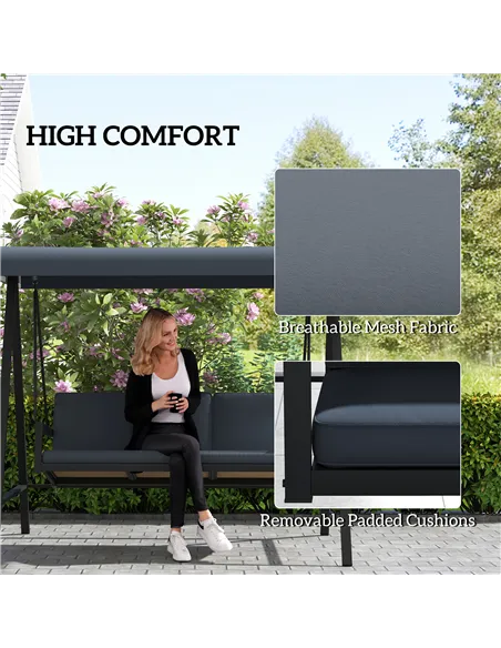 Outsunny Three-Seat Garden Swing Chair, with Adjustable Canopy - Dark Grey
