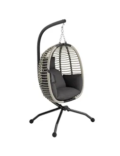 Outsunny Outdoor Swing Chair with Thick Padded Cushion, Patio Hanging Egg Chair with Metal Stand, Foldable Basket, Cup Holder, R