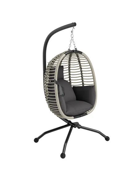 Outsunny Outdoor Swing Chair with Thick Padded Cushion, Patio Hanging Egg Chair with Metal Stand, Foldable Basket, Cup Holder, R