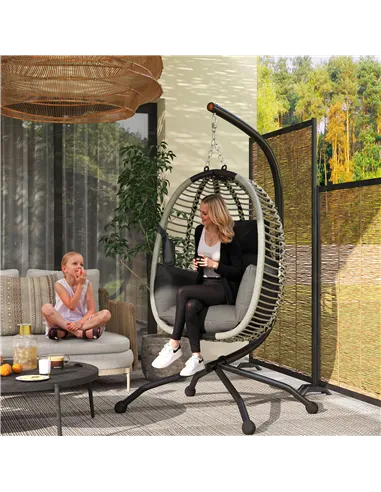 Outsunny Outdoor Swing Chair with Thick Padded Cushion, Patio Hanging Egg Chair with Metal Stand, Foldable Basket, Cup Holder, R