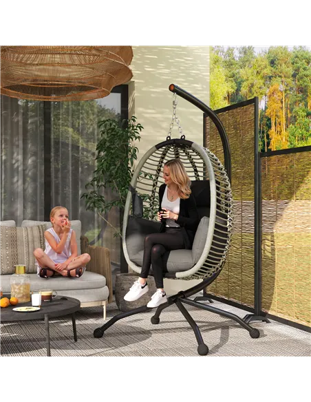 Outsunny Outdoor Swing Chair with Thick Padded Cushion, Patio Hanging Egg Chair with Metal Stand, Foldable Basket, Cup Holder, R
