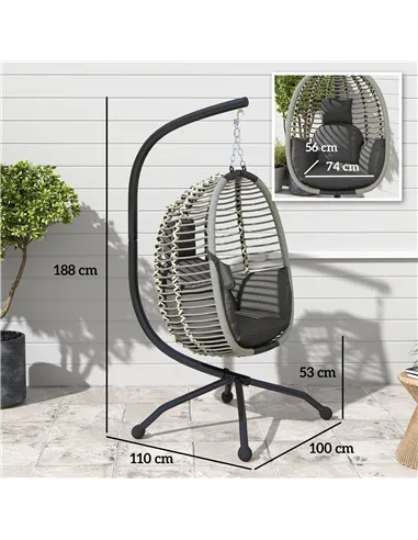 Outsunny Outdoor Swing Chair with Thick Padded Cushion, Patio Hanging Egg Chair with Metal Stand, Foldable Basket, Cup Holder, R