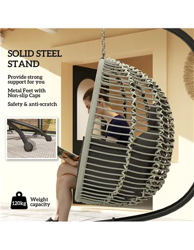 Outsunny Outdoor Swing Chair with Thick Padded Cushion, Patio Hanging Egg Chair with Metal Stand, Foldable Basket, Cup Holder, R