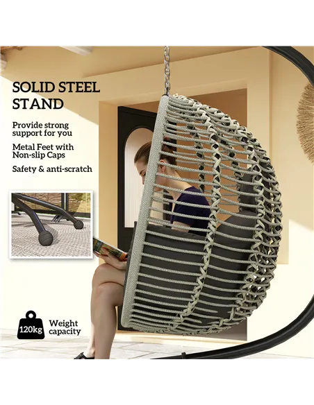 Outsunny Outdoor Swing Chair with Thick Padded Cushion, Patio Hanging Egg Chair with Metal Stand, Foldable Basket, Cup Holder, R