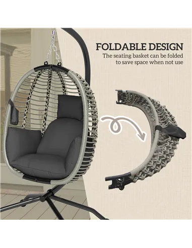 Outsunny Outdoor Swing Chair with Thick Padded Cushion, Patio Hanging Egg Chair with Metal Stand, Foldable Basket, Cup Holder, R