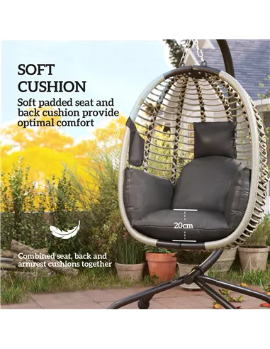Outsunny Outdoor Swing Chair with Thick Padded Cushion, Patio Hanging Egg Chair with Metal Stand, Foldable Basket, Cup Holder, R