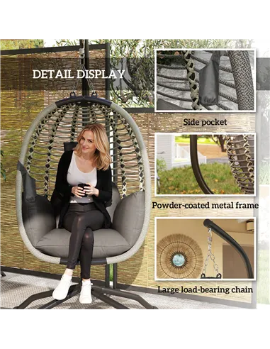 Outsunny Outdoor Swing Chair with Thick Padded Cushion, Patio Hanging Egg Chair with Metal Stand, Foldable Basket, Cup Holder, R