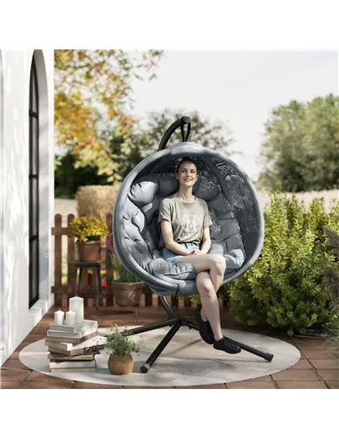 Outsunny Round Egg Basket Chair, with Steel Stand, Charcoal Grey