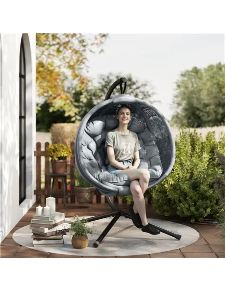 Outsunny Round Egg Basket Chair, with Steel Stand, Charcoal Grey