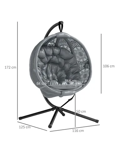 Outsunny Round Egg Basket Chair, with Steel Stand, Charcoal Grey