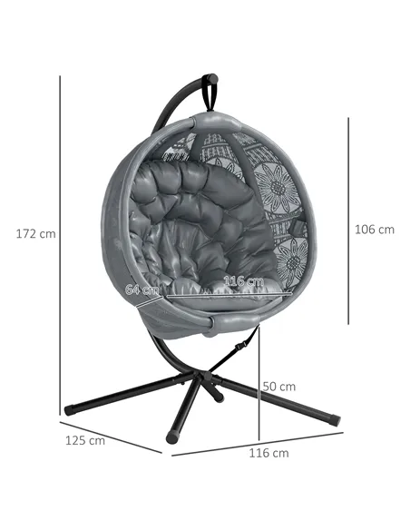 Outsunny Round Egg Basket Chair, with Steel Stand, Charcoal Grey