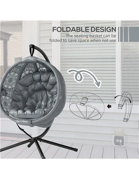 Outsunny Round Egg Basket Chair, with Steel Stand, Charcoal Grey