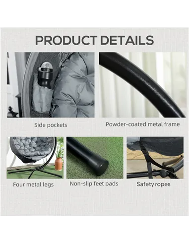 Outsunny Round Egg Basket Chair, with Steel Stand, Charcoal Grey