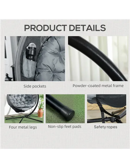 Outsunny Round Egg Basket Chair, with Steel Stand, Charcoal Grey