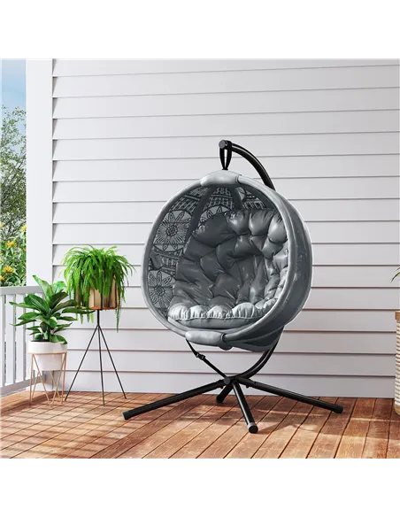 Outsunny Round Egg Basket Chair, with Steel Stand, Charcoal Grey