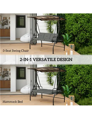 Outsunny Convertible Three-Seater Swing Bench Bed - Dark Grey