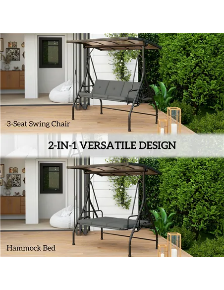 Outsunny Convertible Three-Seater Swing Bench Bed - Dark Grey