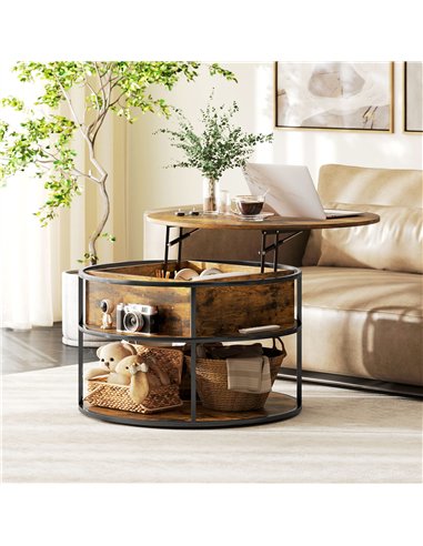 HOMCOM Lift Top Coffee Table, Round Coffee Table with Storage Shelf, Hidden Compartment and Steel Frame for Living Room, Home Of