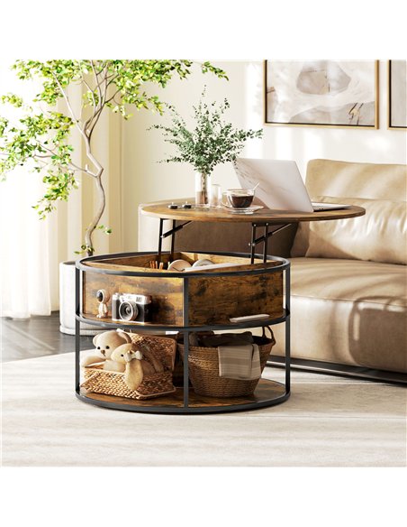 HOMCOM Lift Top Coffee Table, Round Coffee Table with Storage Shelf, Hidden Compartment and Steel Frame for Living Room, Home Of