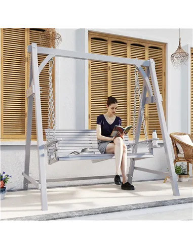 Outsunny 2 Seater Garden Swing Seat, Wooden Swing Chair Bench with Cup Holders for Outdoor Porch Patio, Grey