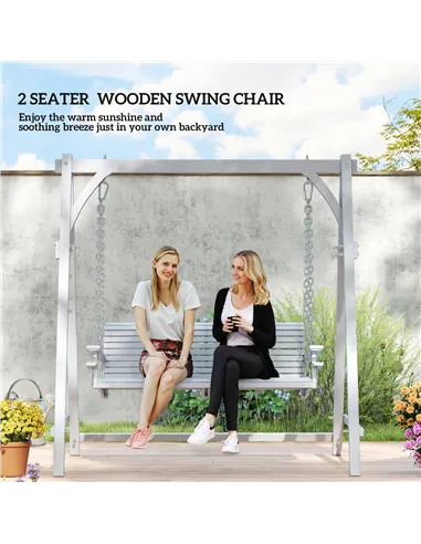 Outsunny 2 Seater Garden Swing Seat, Wooden Swing Chair Bench with Cup Holders for Outdoor Porch Patio, Grey
