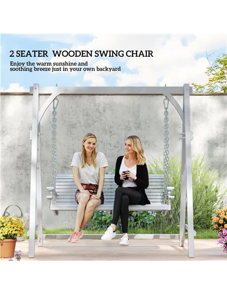 Outsunny 2 Seater Garden Swing Seat, Wooden Swing Chair Bench with Cup Holders for Outdoor Porch Patio, Grey