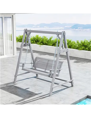 Outsunny 2 Seater Garden Swing Seat, Wooden Swing Chair Bench with Cup Holders for Outdoor Porch Patio, Grey