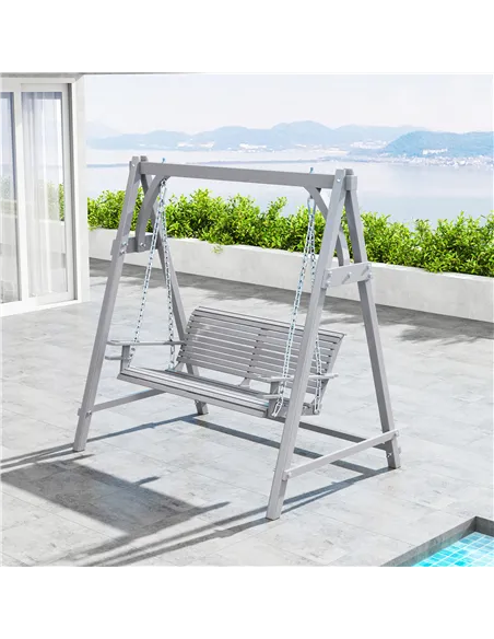 Outsunny 2 Seater Garden Swing Seat, Wooden Swing Chair Bench with Cup Holders for Outdoor Porch Patio, Grey