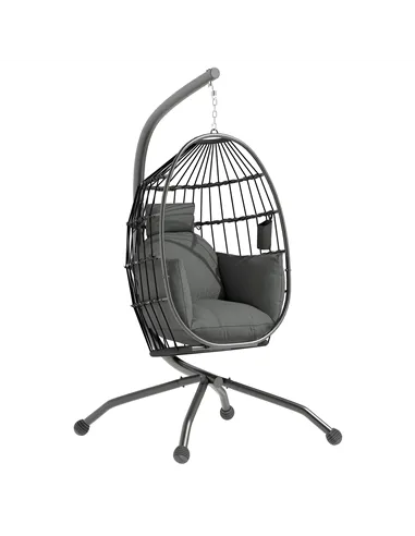 Outsunny Hanging Egg Chair Outdoor Indoor Garden Swing Chair with Folding Basket and Thickened Cushion, Garden Hanging Chair wit