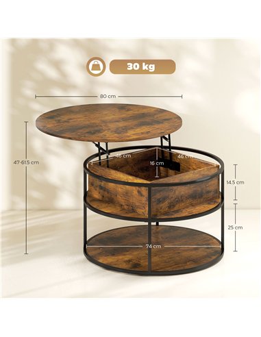 HOMCOM Lift Top Coffee Table, Round Coffee Table with Storage Shelf, Hidden Compartment and Steel Frame for Living Room, Home Of
