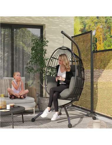 Outsunny Hanging Egg Chair Outdoor Indoor Garden Swing Chair with Folding Basket and Thickened Cushion, Garden Hanging Chair wit