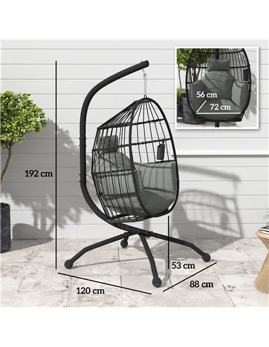 Outsunny Hanging Egg Chair Outdoor Indoor Garden Swing Chair with Folding Basket and Thickened Cushion, Garden Hanging Chair wit