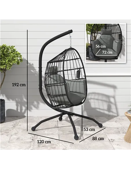 Outsunny Hanging Egg Chair Outdoor Indoor Garden Swing Chair with Folding Basket and Thickened Cushion, Garden Hanging Chair wit