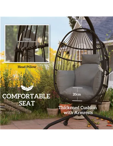 Outsunny Hanging Egg Chair Outdoor Indoor Garden Swing Chair with Folding Basket and Thickened Cushion, Garden Hanging Chair wit