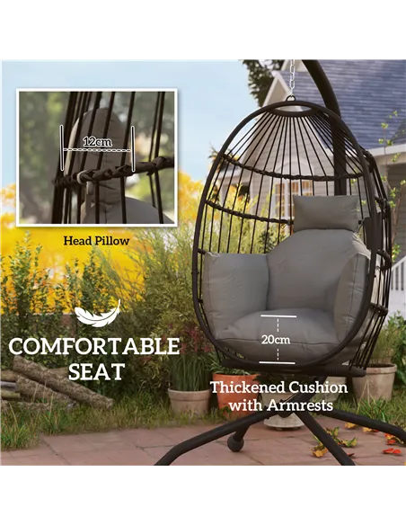 Outsunny Hanging Egg Chair Outdoor Indoor Garden Swing Chair with Folding Basket and Thickened Cushion, Garden Hanging Chair wit