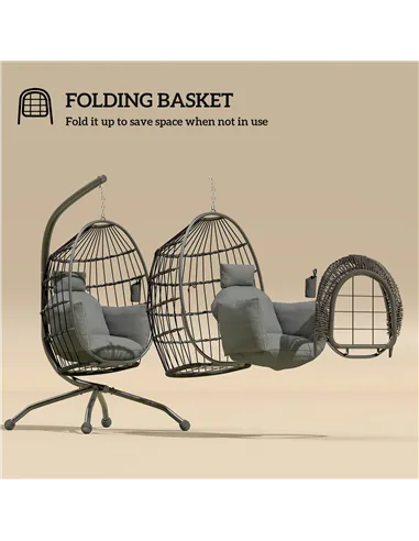 Outsunny Hanging Egg Chair Outdoor Indoor Garden Swing Chair with Folding Basket and Thickened Cushion, Garden Hanging Chair wit
