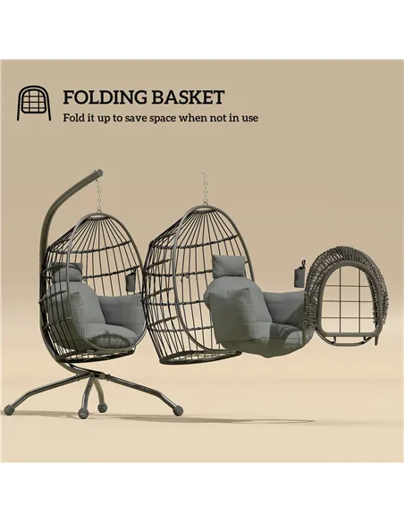 Outsunny Hanging Egg Chair Outdoor Indoor Garden Swing Chair with Folding Basket and Thickened Cushion, Garden Hanging Chair wit