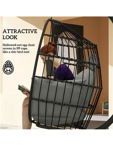 Outsunny Hanging Egg Chair Outdoor Indoor Garden Swing Chair with Folding Basket and Thickened Cushion, Garden Hanging Chair wit