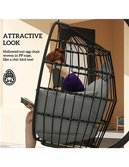 Outsunny Hanging Egg Chair Outdoor Indoor Garden Swing Chair with Folding Basket and Thickened Cushion, Garden Hanging Chair wit