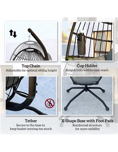 Outsunny Hanging Egg Chair Outdoor Indoor Garden Swing Chair with Folding Basket and Thickened Cushion, Garden Hanging Chair wit