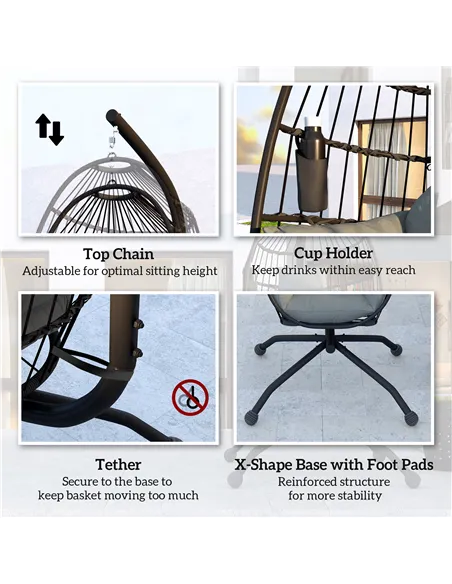 Outsunny Hanging Egg Chair Outdoor Indoor Garden Swing Chair with Folding Basket and Thickened Cushion, Garden Hanging Chair wit