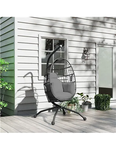 Outsunny Hanging Egg Chair Outdoor Indoor Garden Swing Chair with Folding Basket and Thickened Cushion, Garden Hanging Chair wit