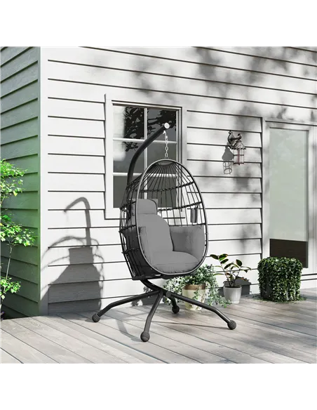 Outsunny Hanging Egg Chair Outdoor Indoor Garden Swing Chair with Folding Basket and Thickened Cushion, Garden Hanging Chair wit