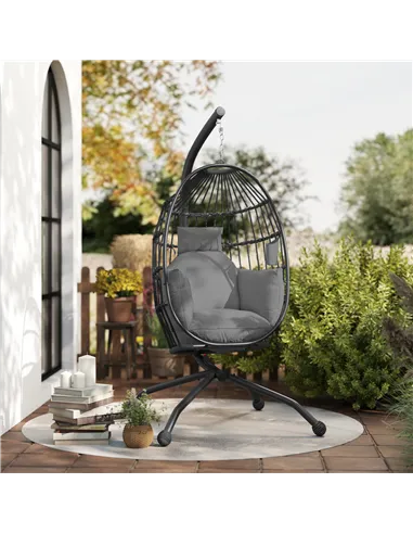 Outsunny Hanging Egg Chair Outdoor Indoor Garden Swing Chair with Folding Basket and Thickened Cushion, Garden Hanging Chair wit