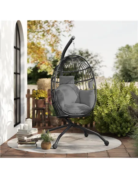 Outsunny Hanging Egg Chair Outdoor Indoor Garden Swing Chair with Folding Basket and Thickened Cushion, Garden Hanging Chair wit