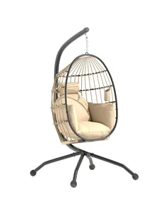 Outsunny Hanging Egg Chair Outdoor Indoor Garden Swing Chair with Folding Basket and Thickened Cushion, Garden Hanging Chair wit