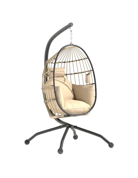 Outsunny Hanging Egg Chair Outdoor Indoor Garden Swing Chair with Folding Basket and Thickened Cushion, Garden Hanging Chair wit