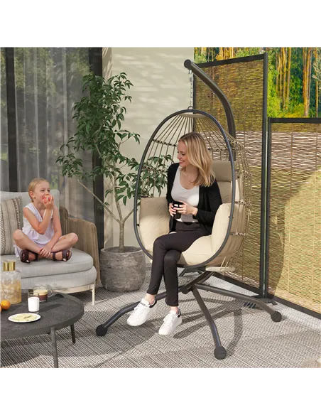 Outsunny Hanging Egg Chair Outdoor Indoor Garden Swing Chair with Folding Basket and Thickened Cushion, Garden Hanging Chair wit