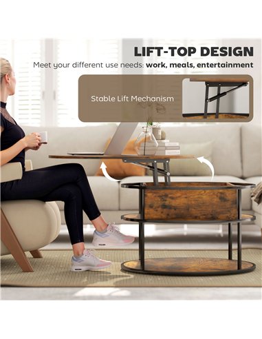 HOMCOM Lift Top Coffee Table, Round Coffee Table with Storage Shelf, Hidden Compartment and Steel Frame for Living Room, Home Of